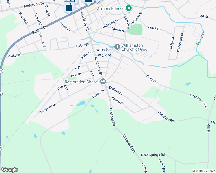 map of restaurants, bars, coffee shops, grocery stores, and more near 2 Mahaffey Road in Williamston
