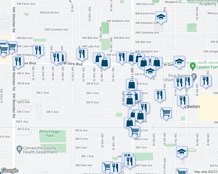 map of restaurants, bars, coffee shops, grocery stores, and more near 1306 Southwest B Avenue in Lawton