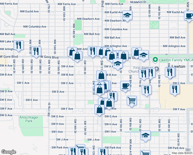 map of restaurants, bars, coffee shops, grocery stores, and more near 1115 Southwest B Avenue in Lawton