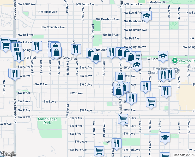 map of restaurants, bars, coffee shops, grocery stores, and more near 1316 Southwest B Avenue in Lawton