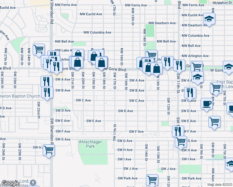 map of restaurants, bars, coffee shops, grocery stores, and more near 1705 Southwest B Avenue in Lawton