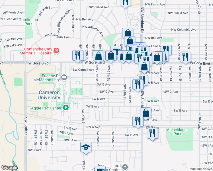 map of restaurants, bars, coffee shops, grocery stores, and more near 2425 Southwest B Avenue in Lawton