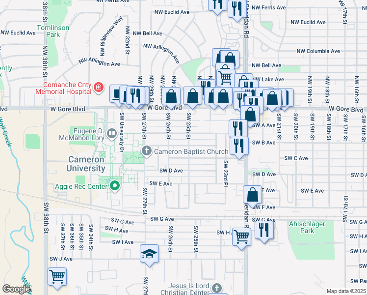 map of restaurants, bars, coffee shops, grocery stores, and more near 2425 Southwest B Avenue in Lawton