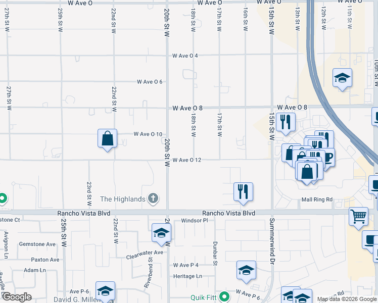 map of restaurants, bars, coffee shops, grocery stores, and more near 39815 18th Street West in Palmdale