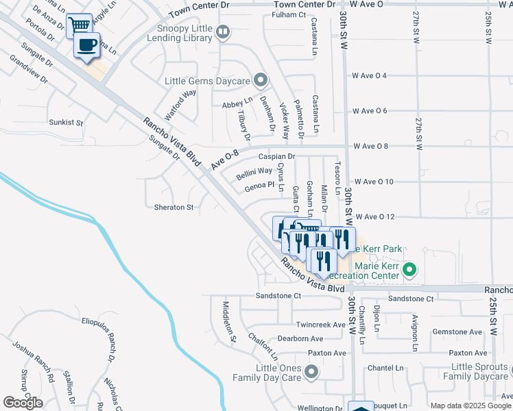 map of restaurants, bars, coffee shops, grocery stores, and more near 3402 Montellano Avenue in Palmdale