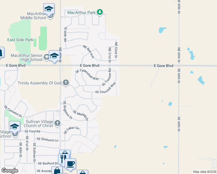 map of restaurants, bars, coffee shops, grocery stores, and more near 118 Southeast Trenton Road in Lawton