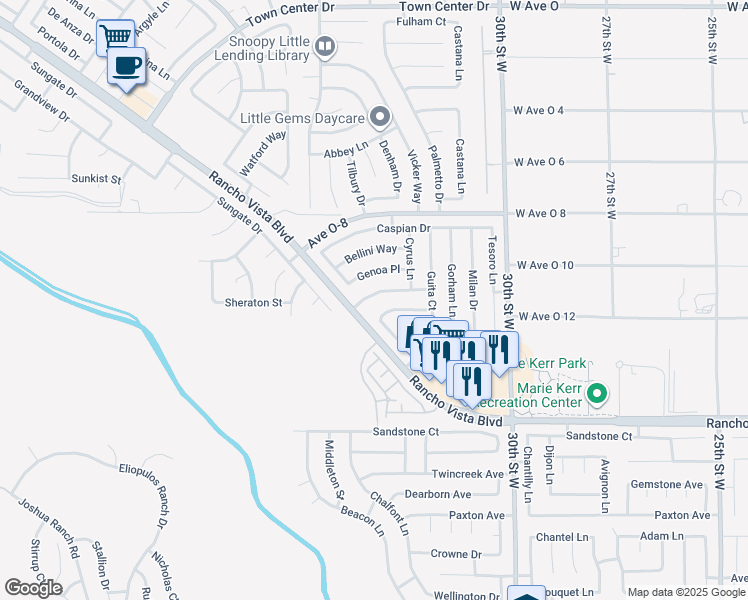 map of restaurants, bars, coffee shops, grocery stores, and more near 3402 Montellano Avenue in Palmdale