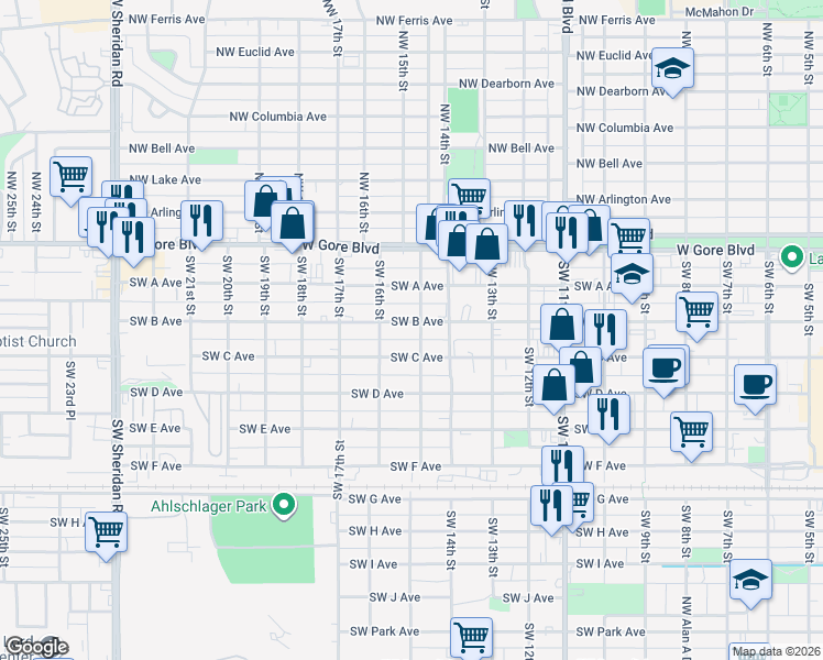 map of restaurants, bars, coffee shops, grocery stores, and more near 1504 Southwest B Avenue in Lawton
