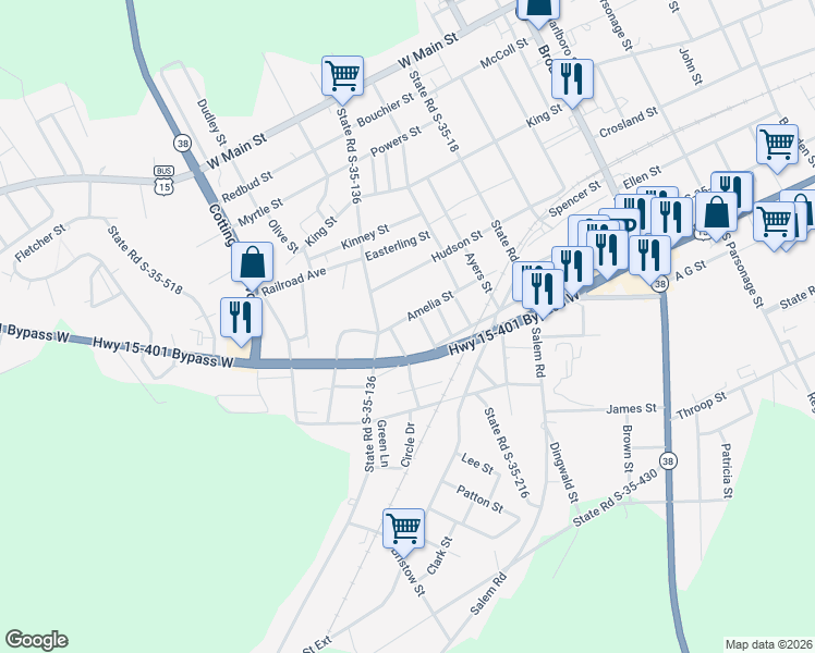 map of restaurants, bars, coffee shops, grocery stores, and more near 34 Amelia Street in Bennettsville