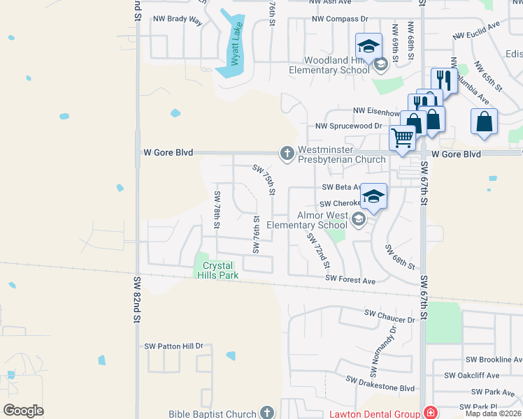 map of restaurants, bars, coffee shops, grocery stores, and more near 121 Southwest 75th Street in Lawton