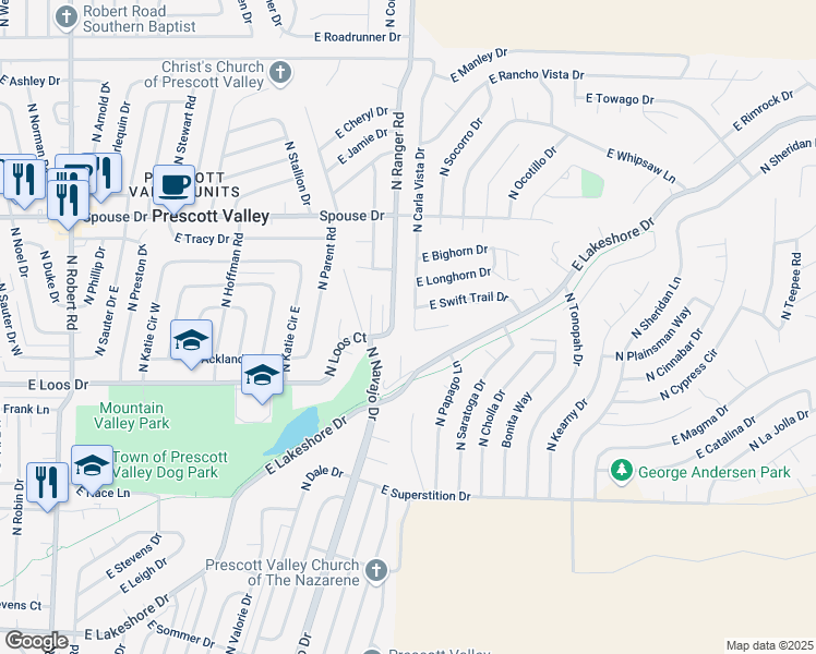 map of restaurants, bars, coffee shops, grocery stores, and more near 4391 North Ranger Road in Prescott Valley