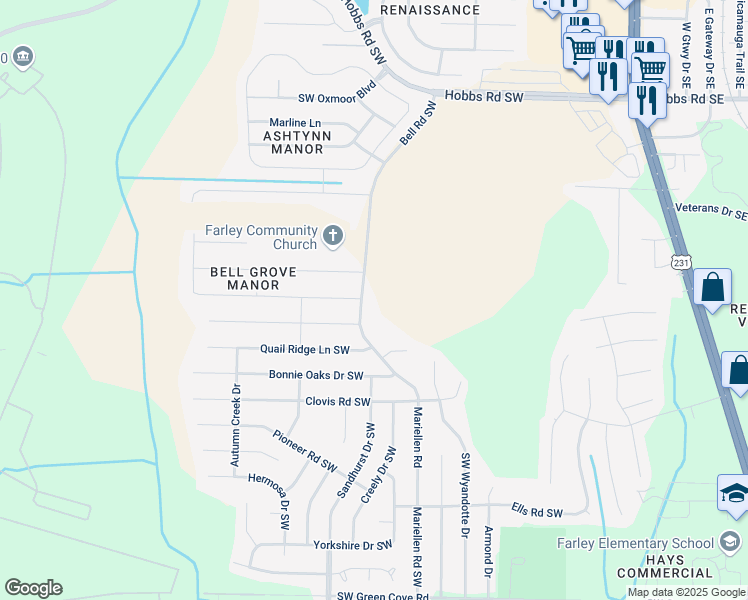 map of restaurants, bars, coffee shops, grocery stores, and more near 12311 Bell Road Southwest in Huntsville
