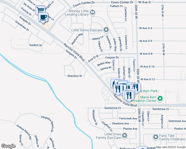 map of restaurants, bars, coffee shops, grocery stores, and more near 3339 Sungate Drive in Palmdale
