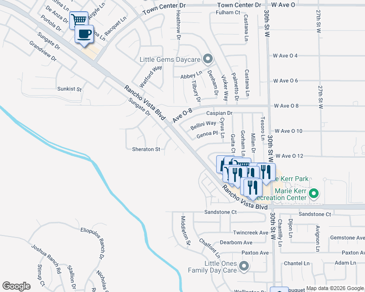 map of restaurants, bars, coffee shops, grocery stores, and more near 3339 Sungate Drive in Palmdale