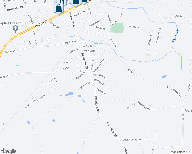map of restaurants, bars, coffee shops, grocery stores, and more near 2 Mahaffey Road in Williamston