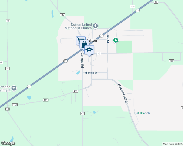 map of restaurants, bars, coffee shops, grocery stores, and more near 180 Main Street in Dutton