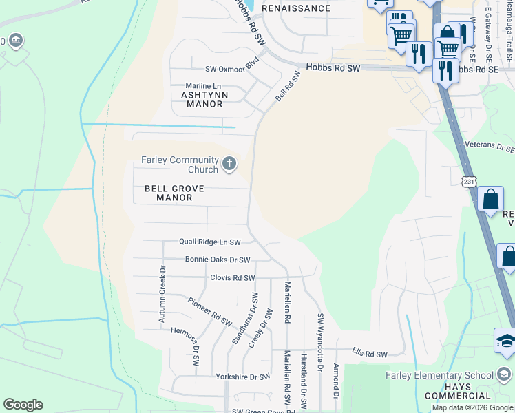 map of restaurants, bars, coffee shops, grocery stores, and more near 12311 Bell Road Southwest in Huntsville