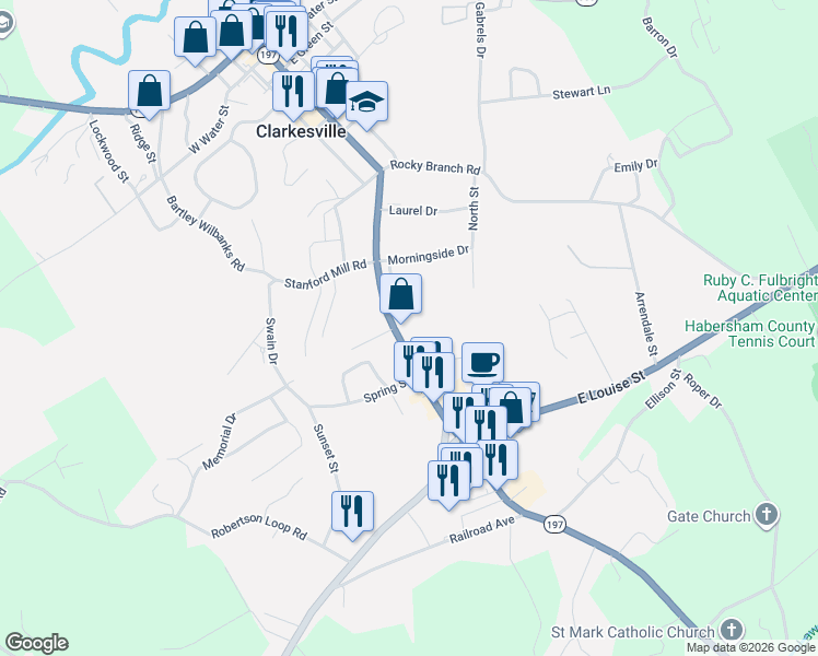 map of restaurants, bars, coffee shops, grocery stores, and more near 686 Washington St in Clarkesville