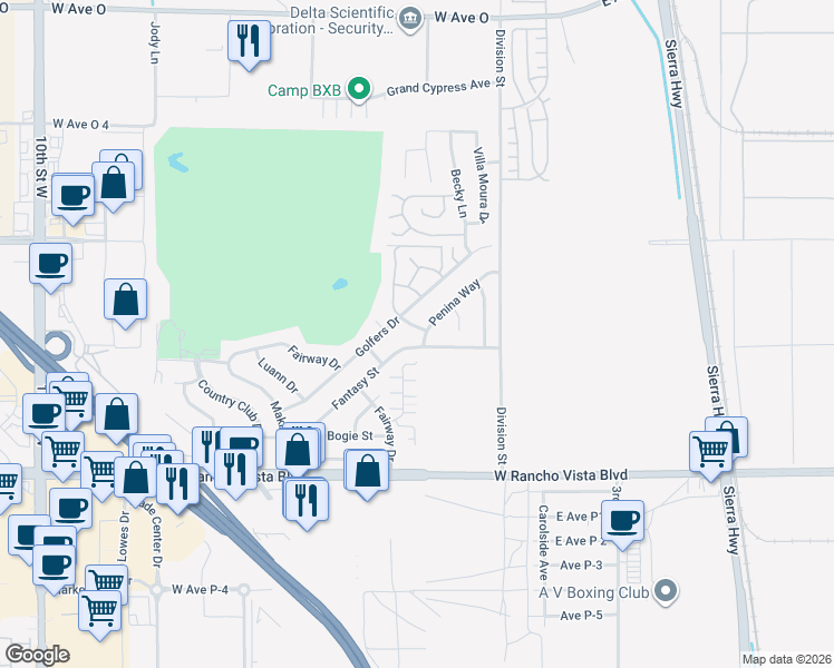 map of restaurants, bars, coffee shops, grocery stores, and more near 39883 Penina Way in Palmdale