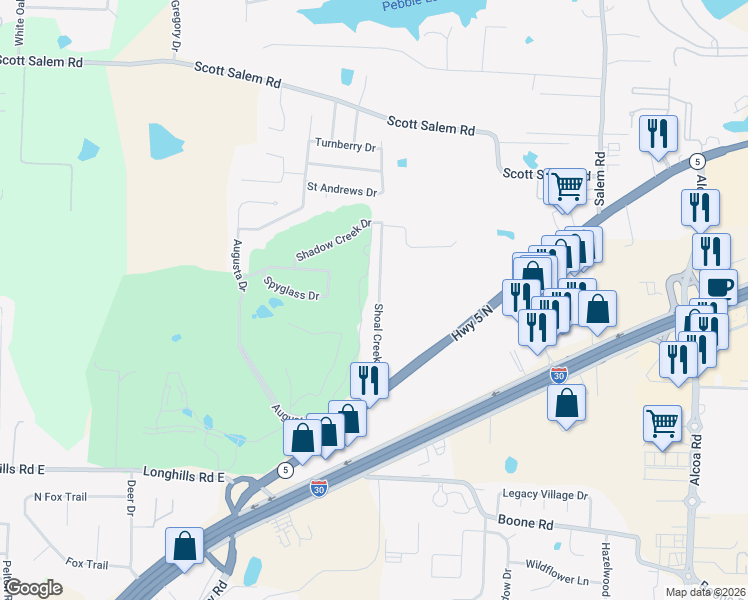 map of restaurants, bars, coffee shops, grocery stores, and more near 4605 Shoal Creek Drive in Benton