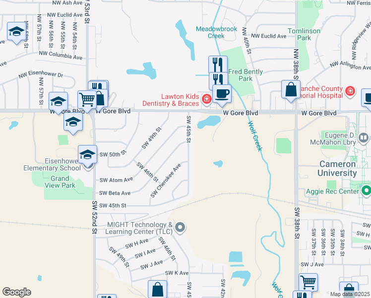 map of restaurants, bars, coffee shops, grocery stores, and more near 203 Southwest 45th Street in Lawton