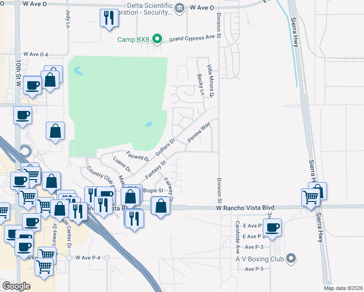 map of restaurants, bars, coffee shops, grocery stores, and more near 39883 Penina Way in Palmdale