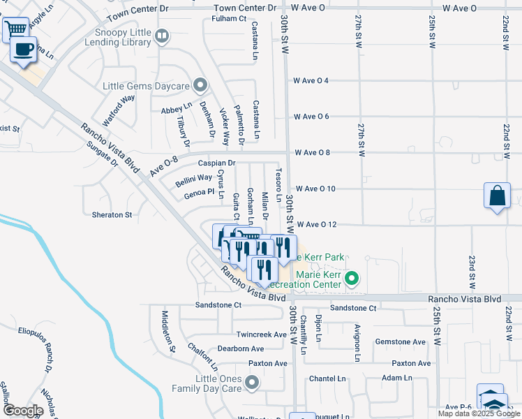 map of restaurants, bars, coffee shops, grocery stores, and more near 39821 Milan Drive in Palmdale