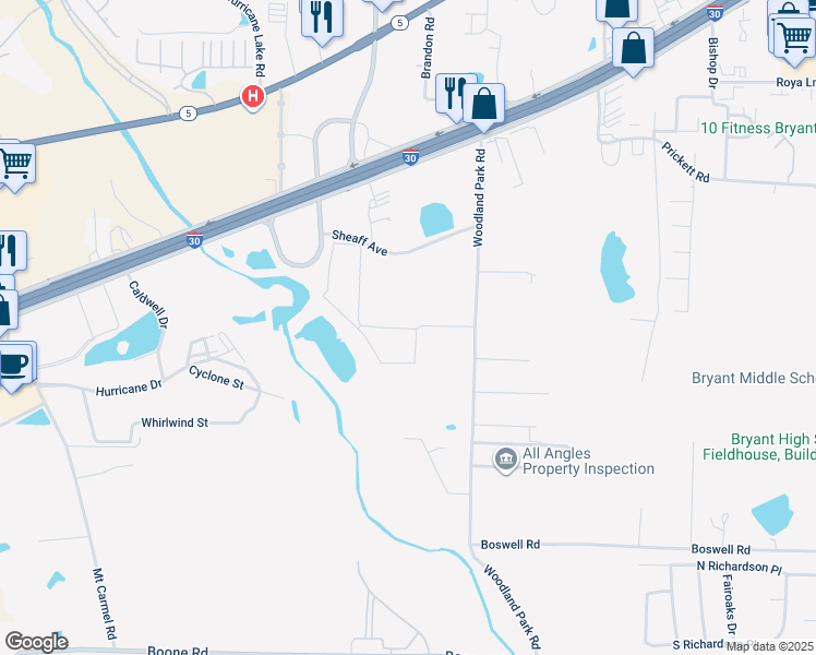 map of restaurants, bars, coffee shops, grocery stores, and more near Birdie Ln in Bryant