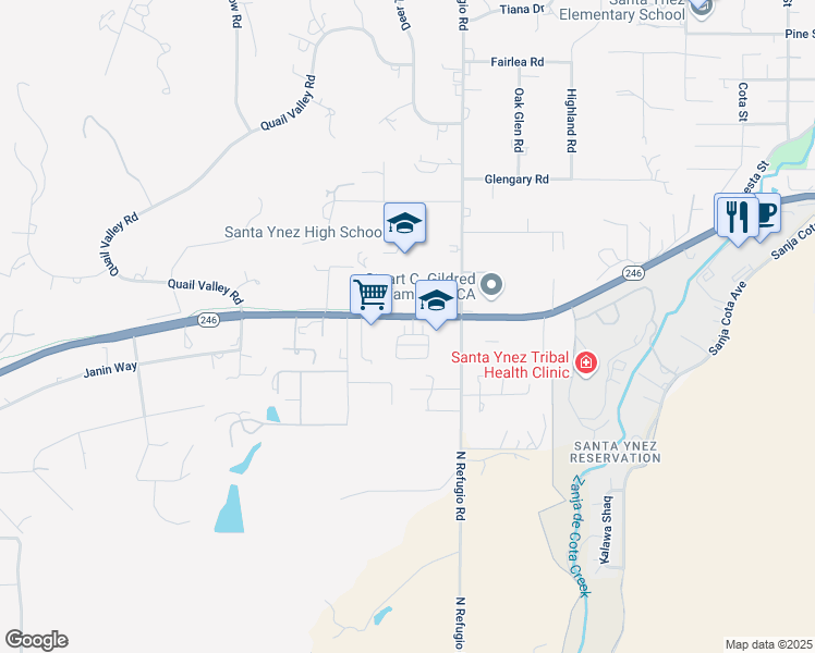 map of restaurants, bars, coffee shops, grocery stores, and more near 2950 Mission Drive in Solvang