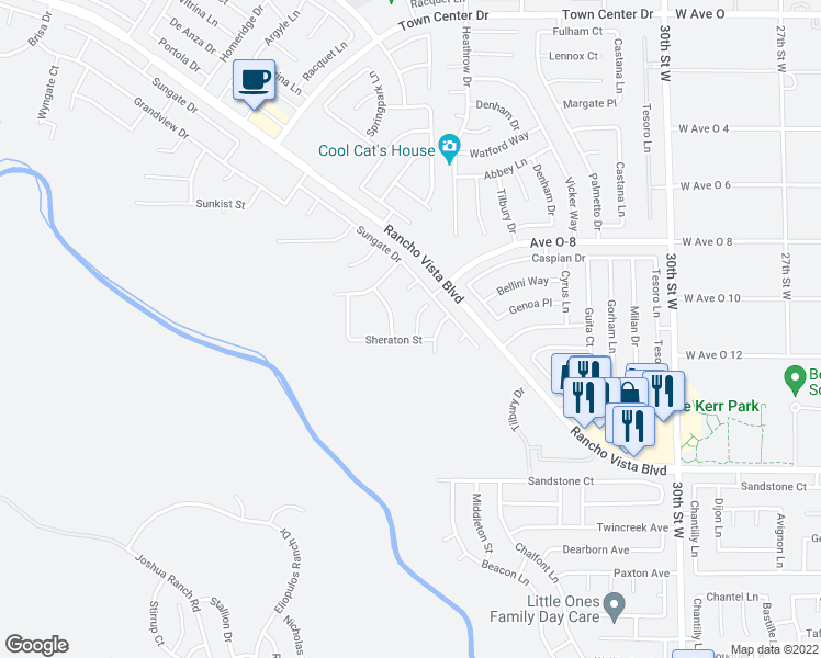 map of restaurants, bars, coffee shops, grocery stores, and more near 39821 Sunstar Street in Palmdale
