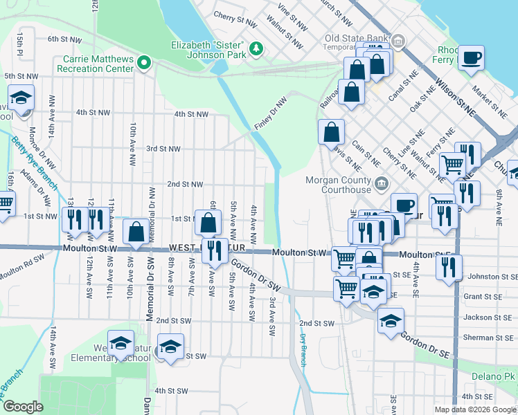 map of restaurants, bars, coffee shops, grocery stores, and more near 210 4th Avenue Northwest in Decatur