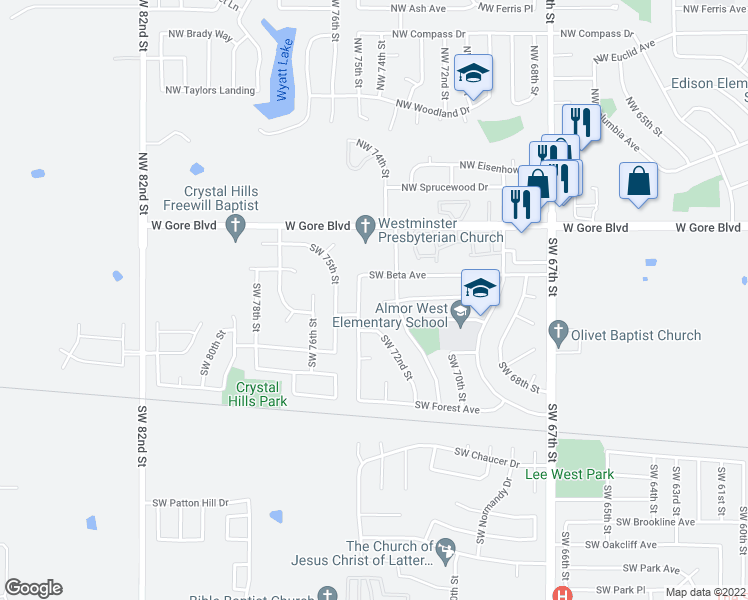 map of restaurants, bars, coffee shops, grocery stores, and more near 7107 Cherokee Circle Southwest in Lawton