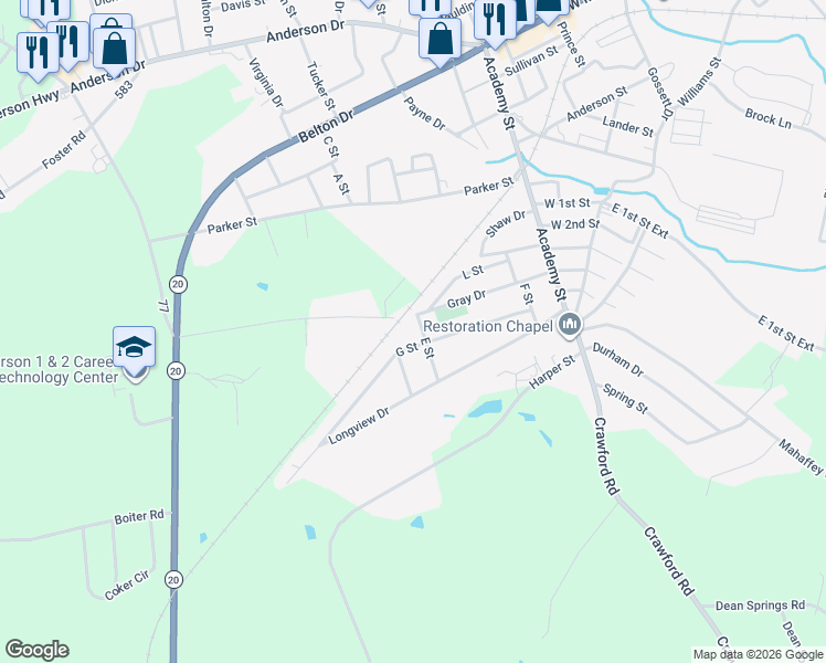 map of restaurants, bars, coffee shops, grocery stores, and more near 102 E Street in Williamston