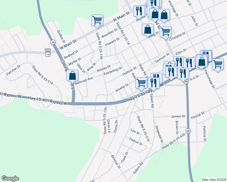 map of restaurants, bars, coffee shops, grocery stores, and more near 34 Amelia Street in Bennettsville