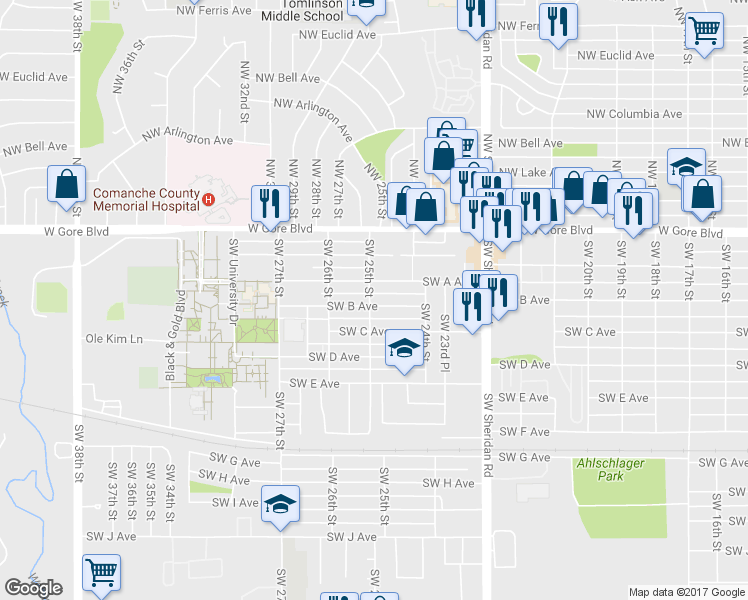 map of restaurants, bars, coffee shops, grocery stores, and more near 2425 Southwest B Avenue in Lawton
