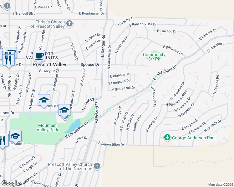 map of restaurants, bars, coffee shops, grocery stores, and more near 9080 East Ironwood Circle in Prescott Valley