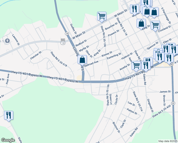 map of restaurants, bars, coffee shops, grocery stores, and more near 300 Rogers Street in Bennettsville