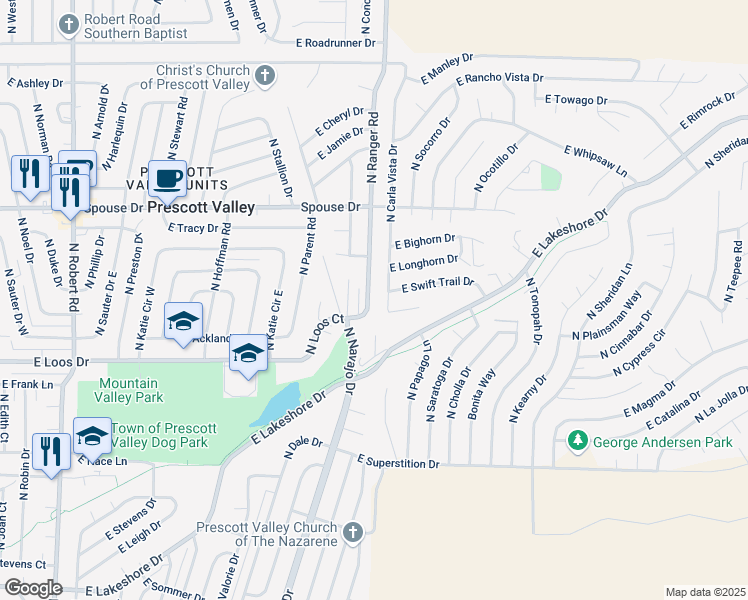 map of restaurants, bars, coffee shops, grocery stores, and more near 4391 North Ranger Road in Prescott Valley