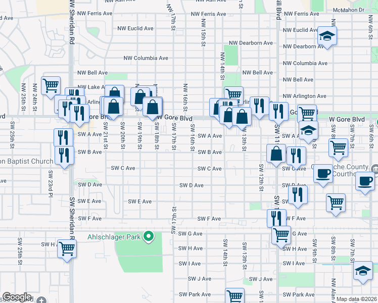 map of restaurants, bars, coffee shops, grocery stores, and more near 1601 Southwest B Avenue in Lawton