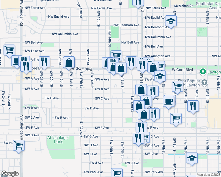 map of restaurants, bars, coffee shops, grocery stores, and more near 1316 Southwest B Avenue in Lawton