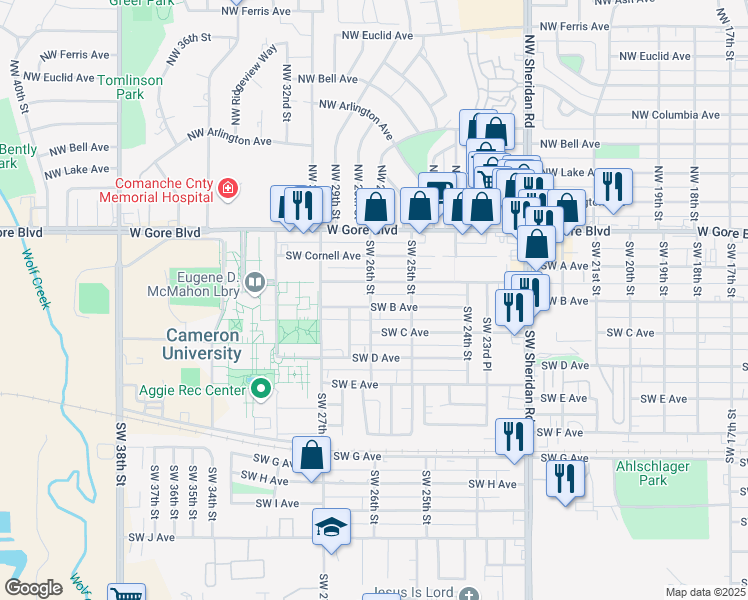 map of restaurants, bars, coffee shops, grocery stores, and more near 210 Southwest 26th Street in Lawton