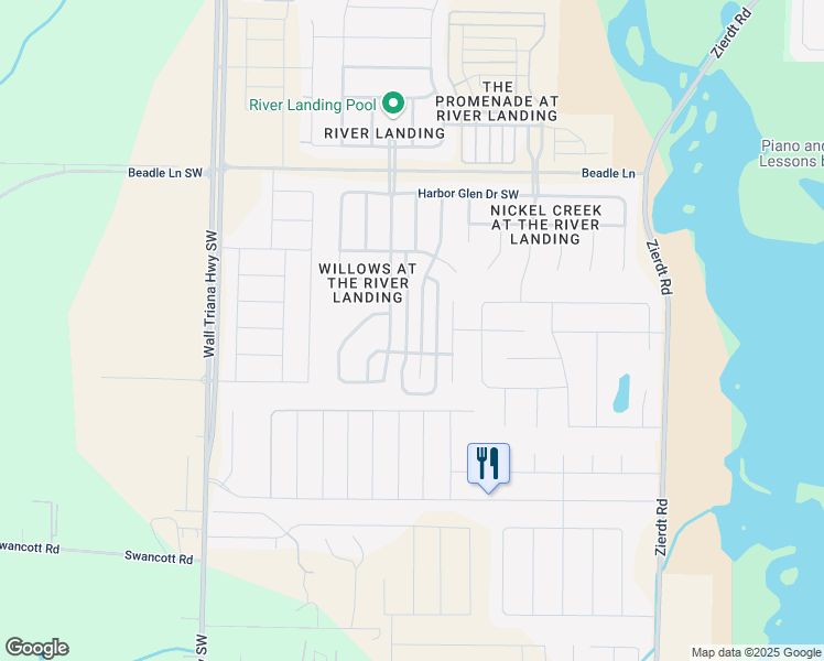 map of restaurants, bars, coffee shops, grocery stores, and more near 727 River Landing Boulevard Southwest in Madison