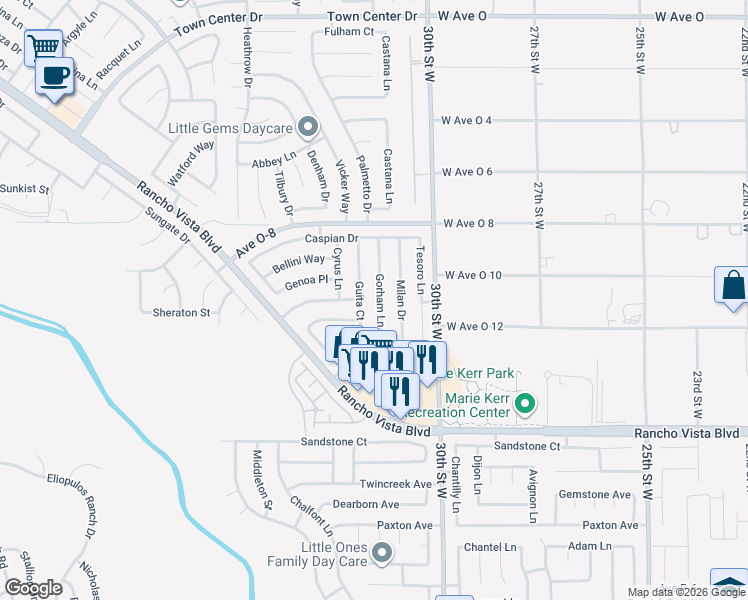 map of restaurants, bars, coffee shops, grocery stores, and more near 39829 Gorham Lane in Palmdale