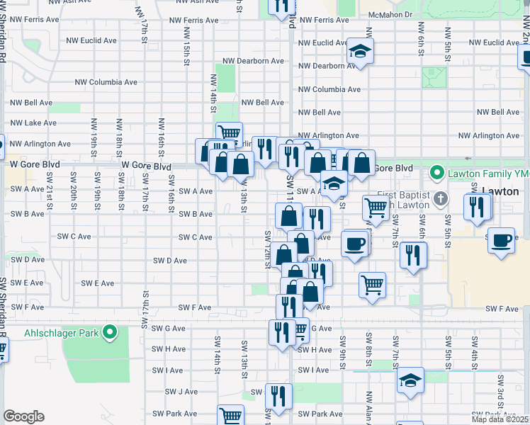 map of restaurants, bars, coffee shops, grocery stores, and more near 1115 Southwest B Avenue in Lawton