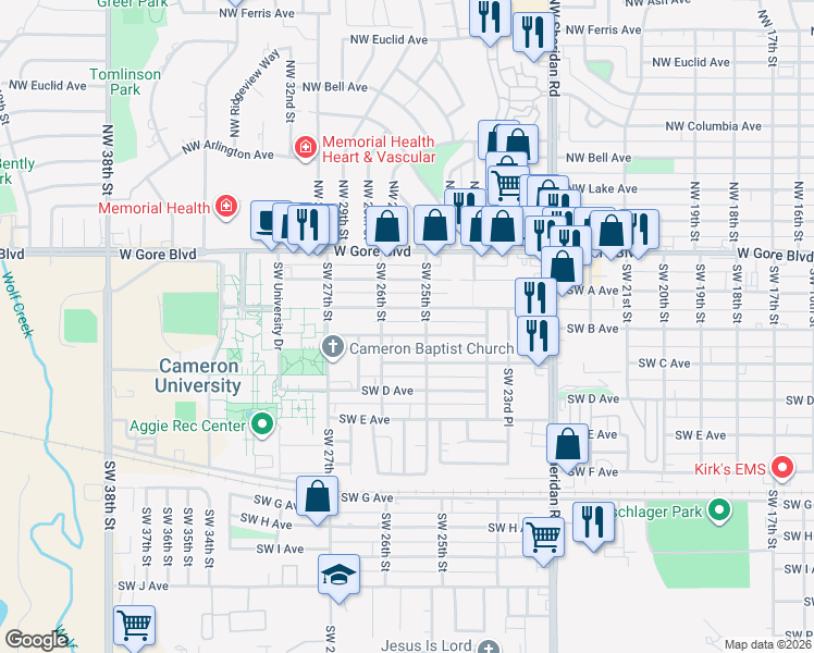 map of restaurants, bars, coffee shops, grocery stores, and more near 2511 Southwest B Avenue in Lawton