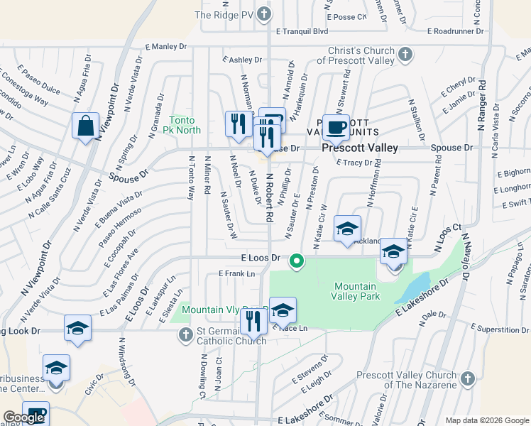 map of restaurants, bars, coffee shops, grocery stores, and more near 4400 North Robert Road in Prescott Valley