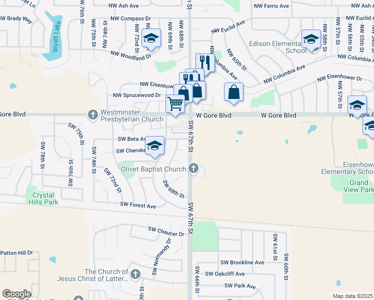 map of restaurants, bars, coffee shops, grocery stores, and more near 6708 SW Cherokee Cir in Lawton
