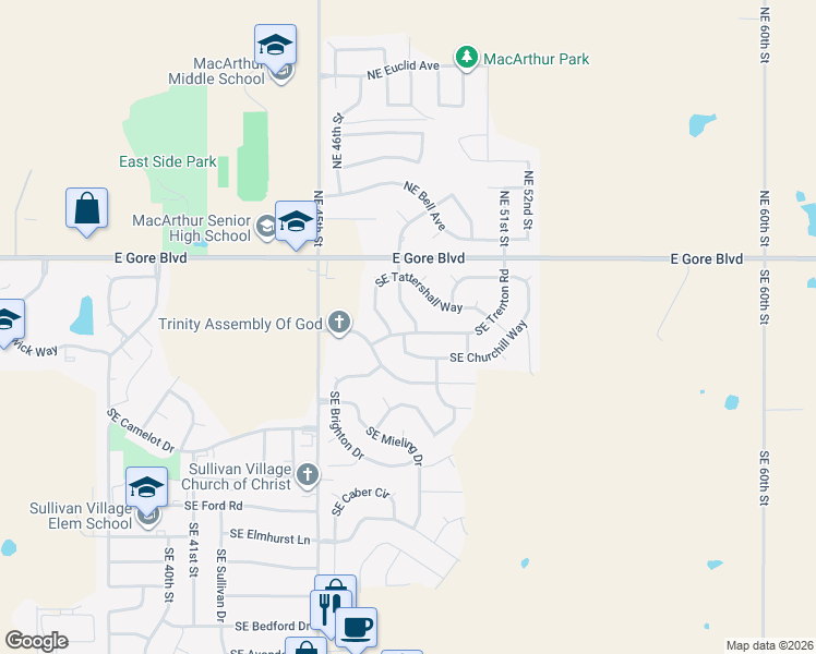 map of restaurants, bars, coffee shops, grocery stores, and more near 117 Southeast Sungate Boulevard in Lawton