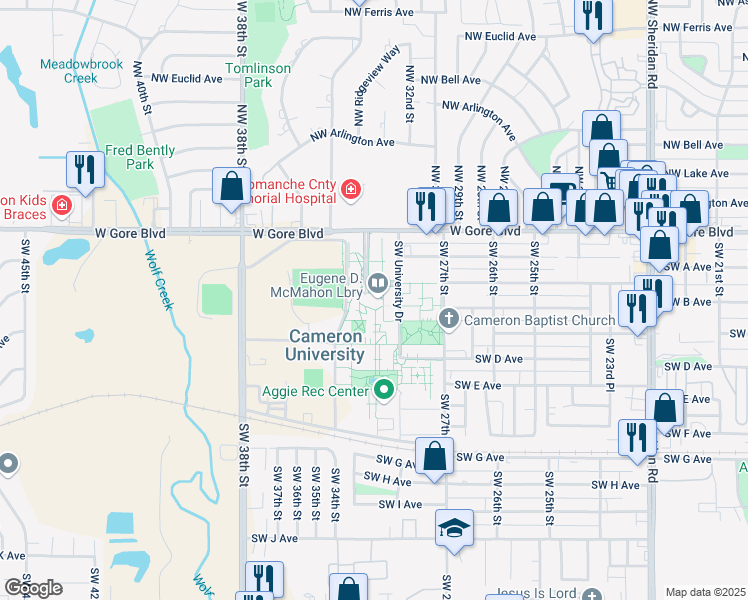 map of restaurants, bars, coffee shops, grocery stores, and more near 2800 West Gore Boulevard in Lawton