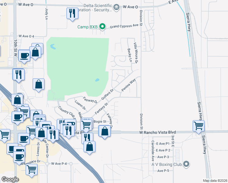 map of restaurants, bars, coffee shops, grocery stores, and more near 39884 Golfers Drive in Palmdale